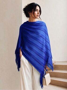 Travelers by Chicos Bright Blue Fringe Poncho Wrap Coverup